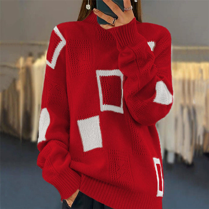 Damen Modischer Pullover mit strukturiertem Patchwork-Muster Drune