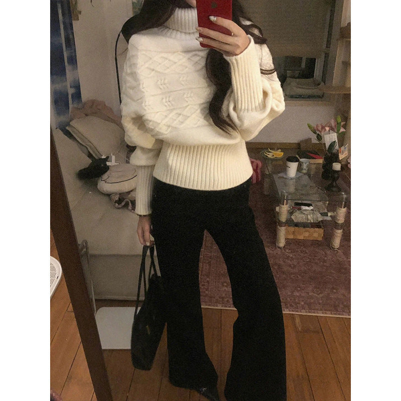 Damen Grobstrickpullover mit hohem Kragen und dekorativem Kabelmuster Drune
