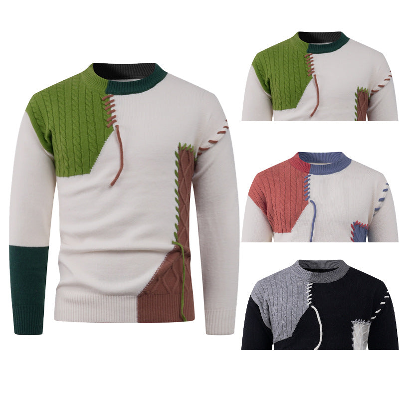 Herren nan Patchwork-Strickpullover mit Zopfstrick-Einsätzen und dekorativen Nahtapplikationen Drune