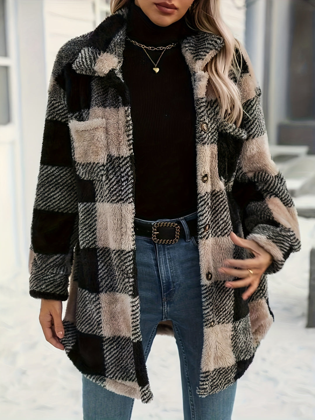 Damen kuschelige Overshirtjacke mit Karomuster und weichem Polyesterfell Drune