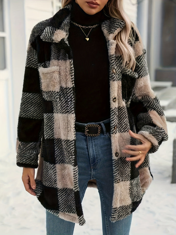 Damen kuschelige Overshirtjacke mit Karomuster und weichem Polyesterfell Drune