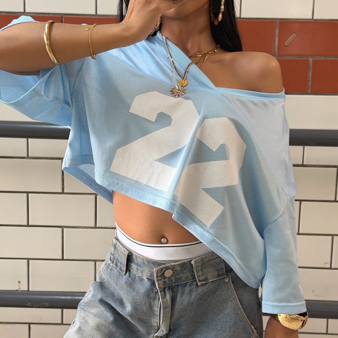 Damen Crop-Top im Sportlichen Design mit V-Ausschnitt und Netzdetails Drune