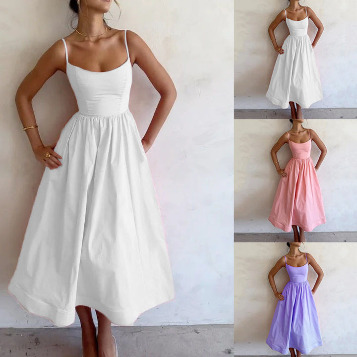 Damen Midi-Kleid mit tailliertem Oberteil und schwingendem Rock Drune