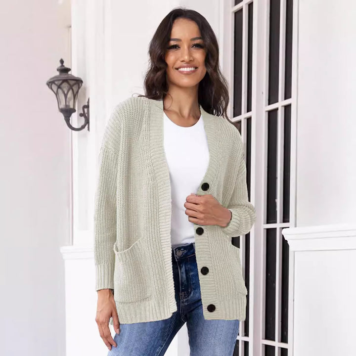 Damen Grobstrickjacke mit großen Taschen und modernem Knopfdesign Drune