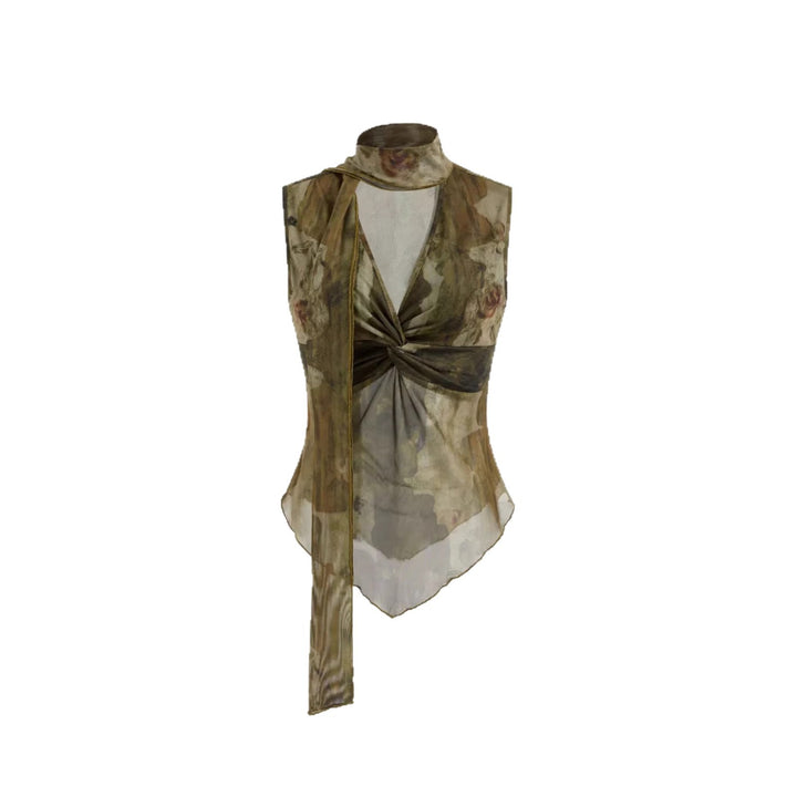 Damen Elegantes Top mit verstellbarem Kragen und transparenten Akzenten Drune