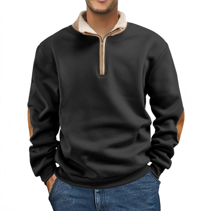Herren nan Fleece-Halbzippullover mit Sherpa-Kragen und Ellenbogenpatches Drune