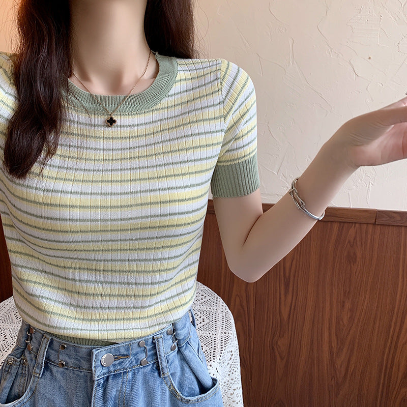 Damen Kurzarm Shirt mit modischem Streifenmuster und elastischem Saum Drune