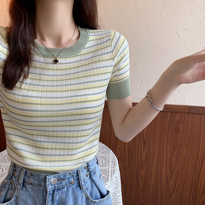 Damen Kurzarm Shirt mit modischem Streifenmuster und elastischem Saum Drune