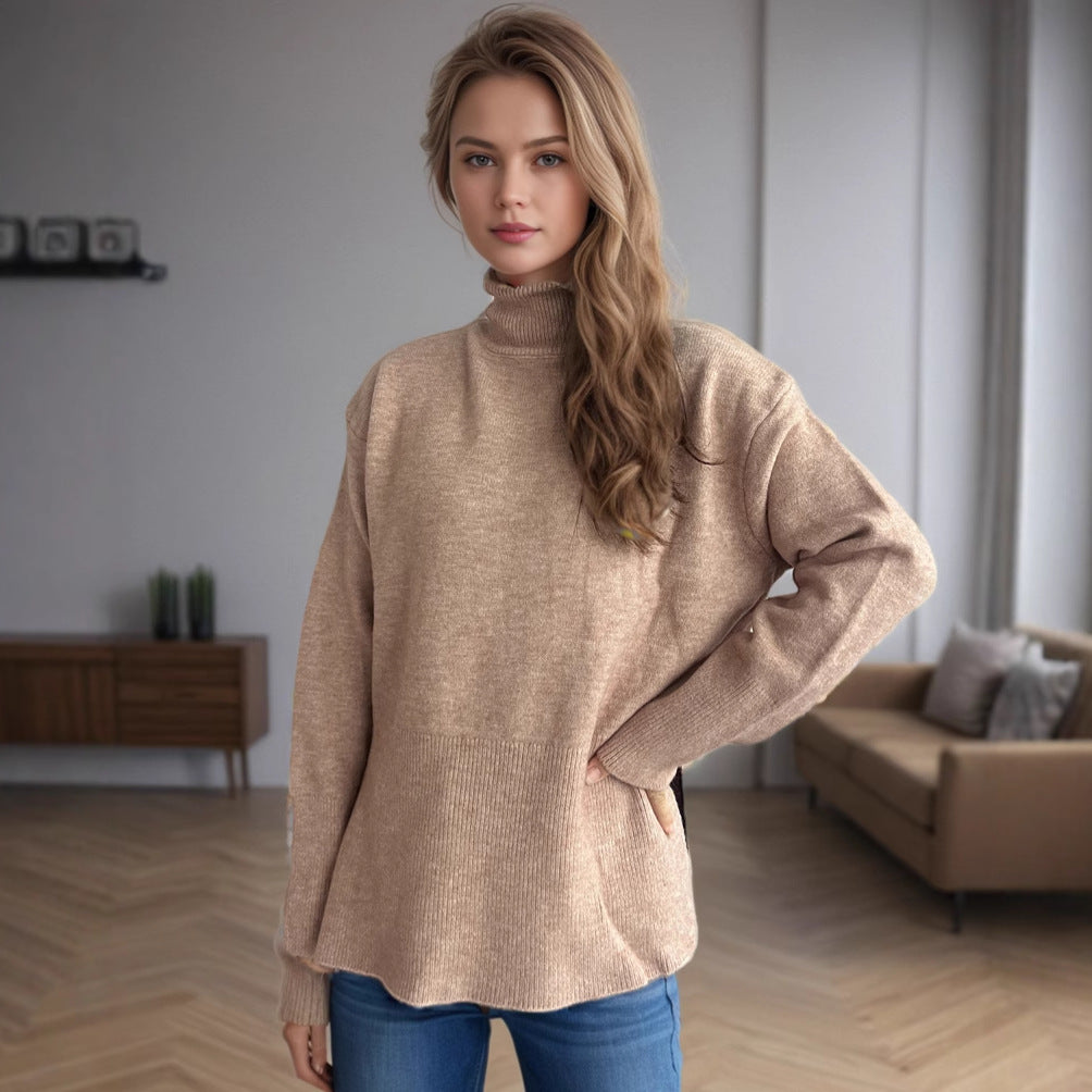 Damen lässiger Pullover mit hohem Kragen und praktischen Seitentaschen Drune
