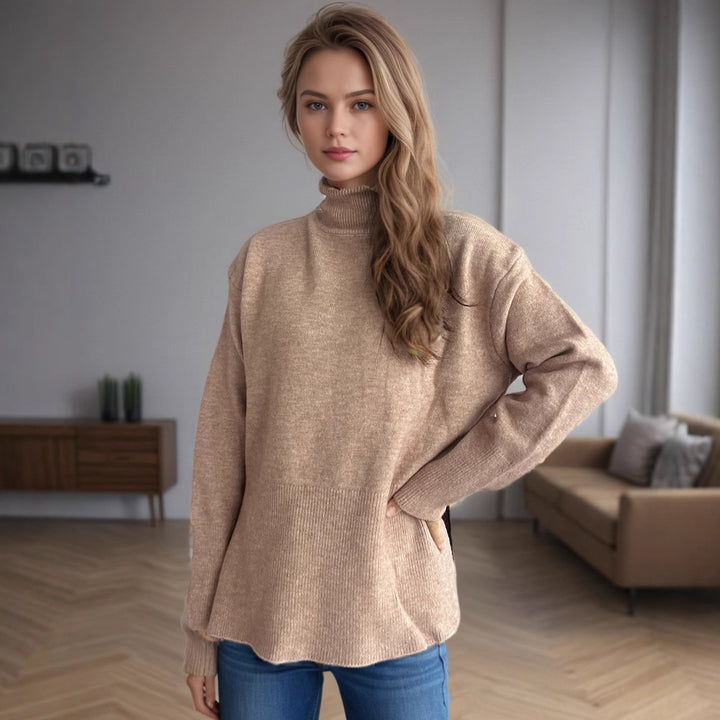 Damen lässiger Pullover mit hohem Kragen und praktischen Seitentaschen Drune