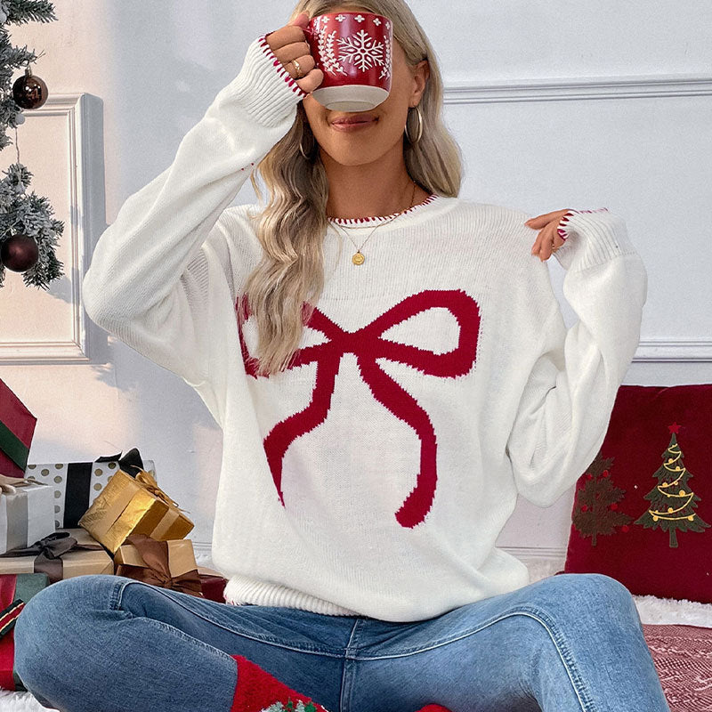 Damen Strickpullover mit festlichem Schleifenmotiv und lässigem Schnitt Drune