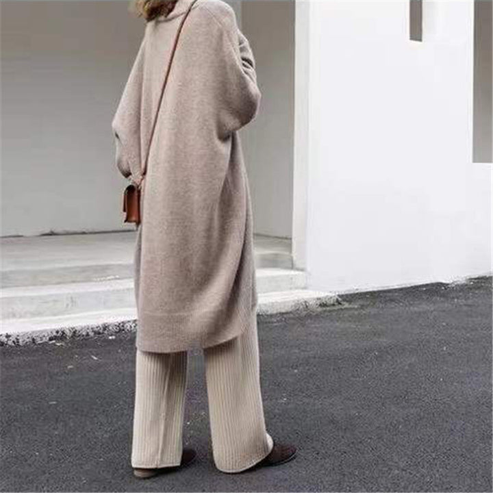 Damen gemütliches Strickkleid mit V-Ausschnitt und langen Ärmeln Drune