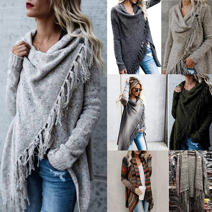 Damen gemütlicher Poncho mit Fransen Drune