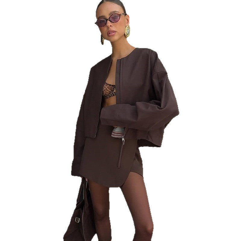 Damen modische cropped Jacke mit kurzem Schnitt und passendem Rock Drune