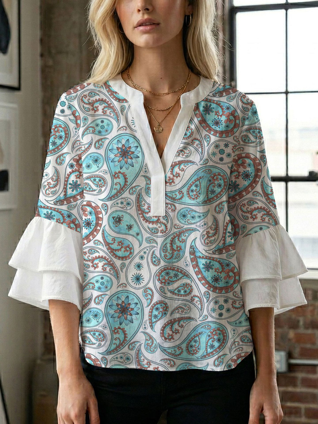 Damen Blusenshirt mit voluminösen Ärmeln und kreativem Druckdesign Drune