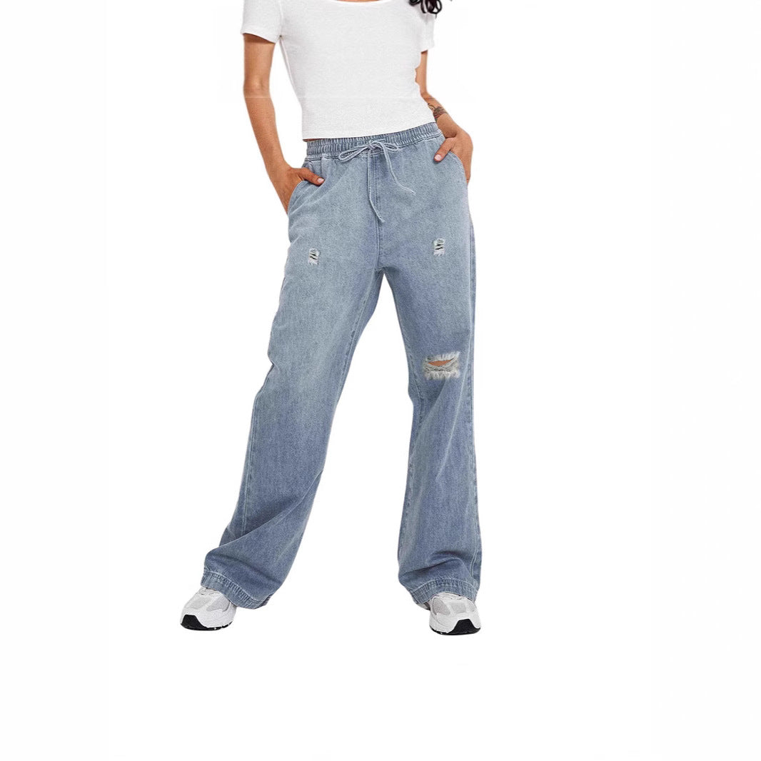 Damen lässige weite Denim-Hose mit elastischem Bund Drune