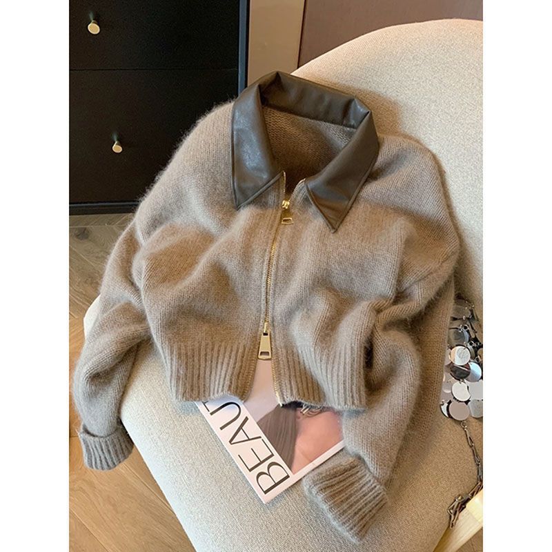 Damen Modische Cropped Jacke mit Lederkragen Drune