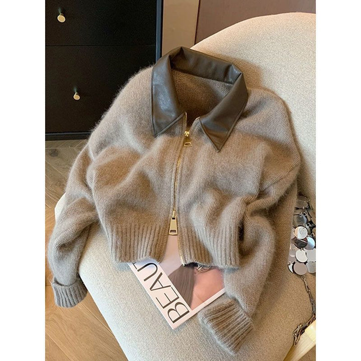 Damen Modische Cropped Jacke mit Lederkragen Drune