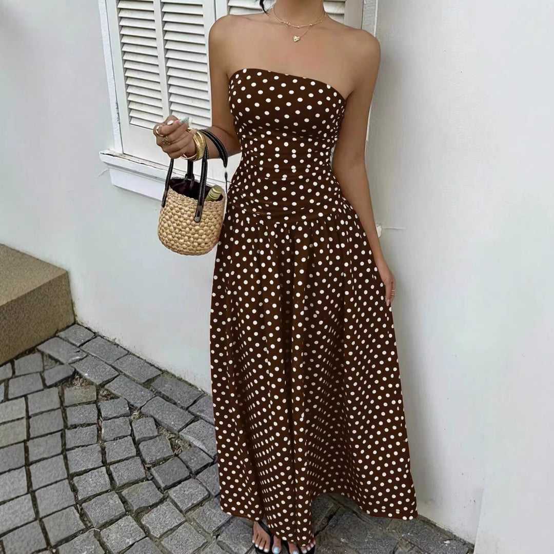 Damen Maxikleid mit trägerlosem Design und Punktmuster Drune