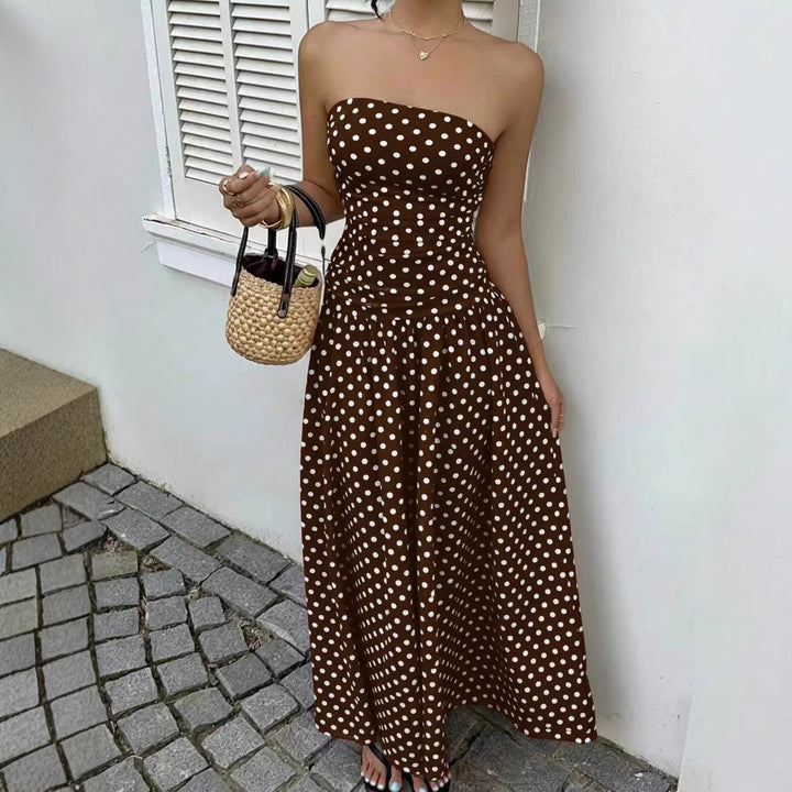 Damen Maxikleid mit trägerlosem Design und Punktmuster Drune