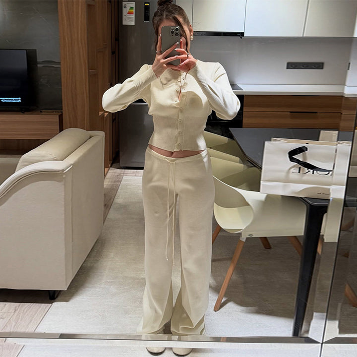 Damen Bequemes Strick-Loungewear-Set mit Knopfleiste Drune