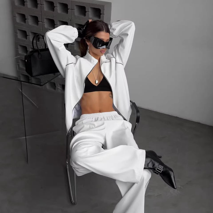 Damen Sportliches Set aus hochwertiger Jacke mit Reißverschluss und weiten Hose Drune