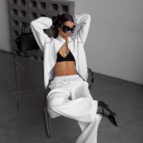 Damen Sportliches Set aus hochwertiger Jacke mit Reißverschluss und weiten Hose Drune