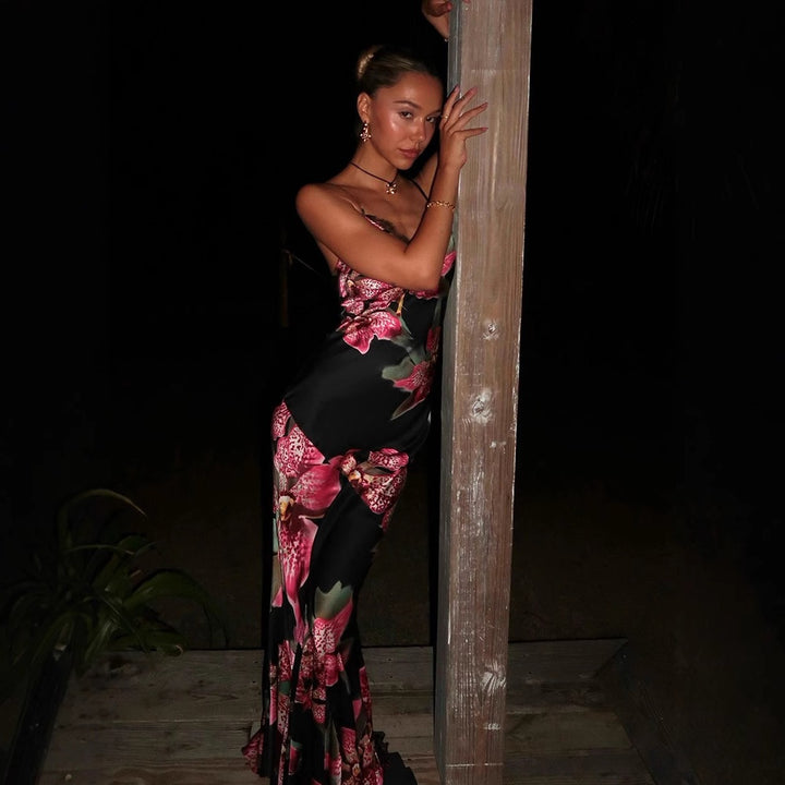 Damen Maxikleid mit floralem Seiden-Effekt und feinen Spaghettiträgern Drune