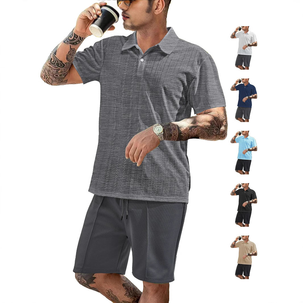 Herren nan zweiteiliges Sommer-Reise-Set mit texturiertem Kurzarm-Poloshirt und funktionalen Mesh-Shorts Drune