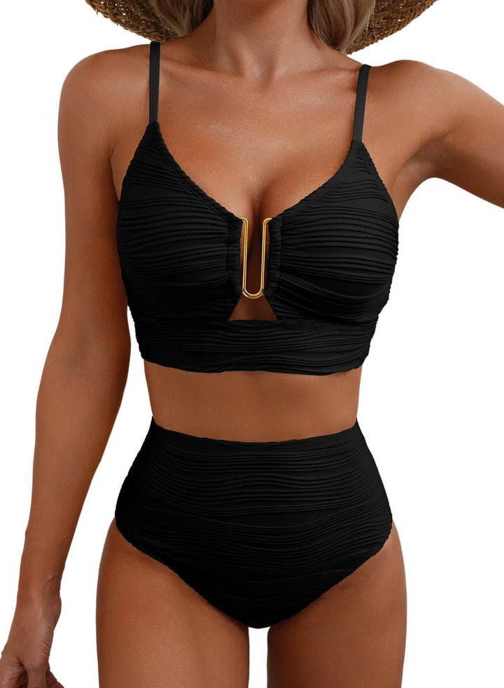 Damen Hochgeschnittener Bikini mit modischem Plissee-Design Drune