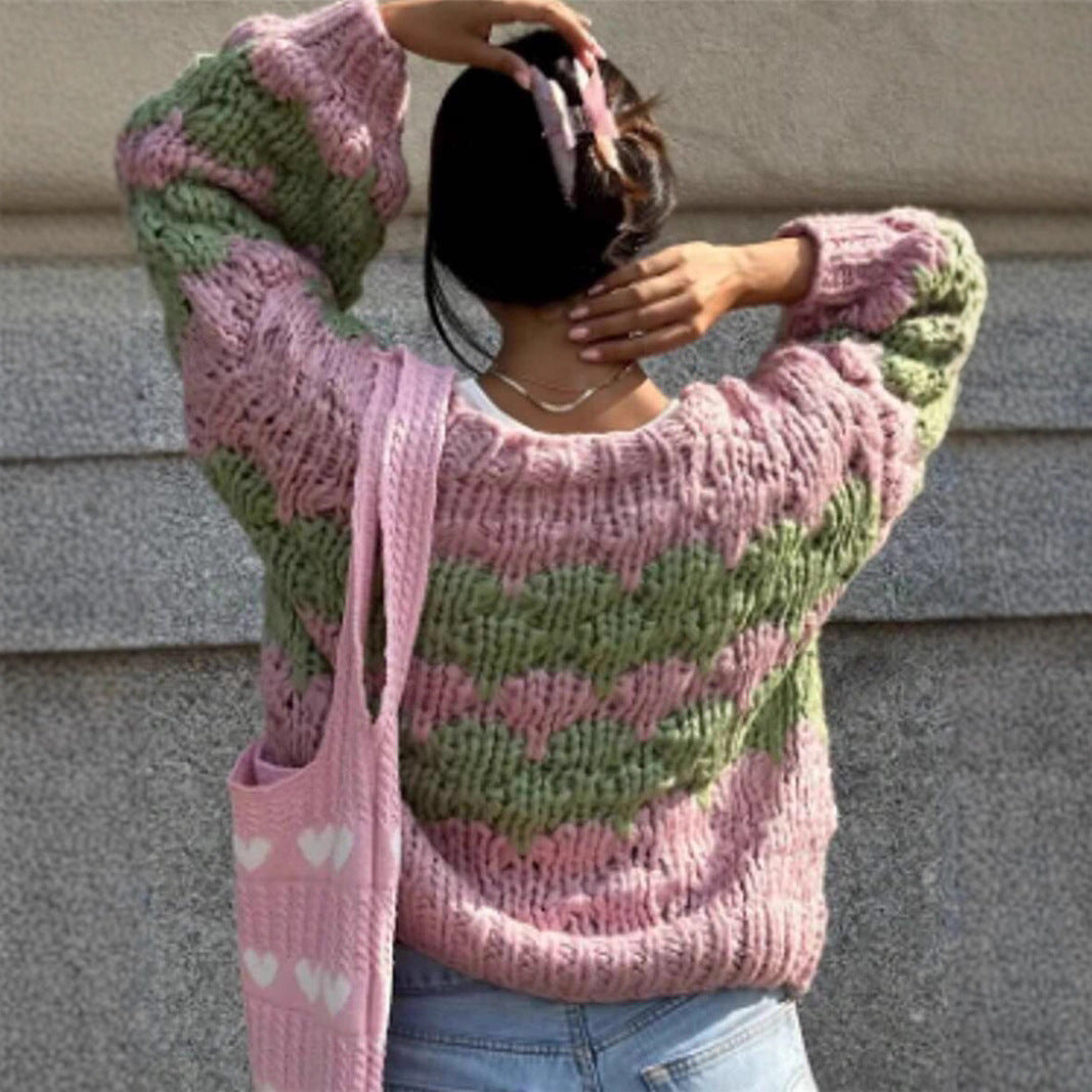 Damen grob gestrickter Cardigan mit Zickzackmuster Drune