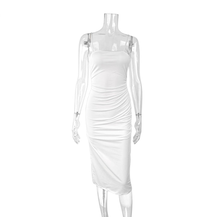 Damen figurbetontes Midi-Kleid mit schulterfreien Trägern und tiefem Schlitz Drune
