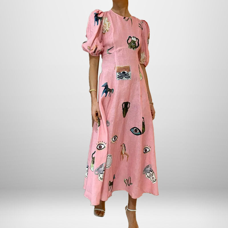 Damen Maxikleid mit künstlerischem Motiv und voluminösen Ärmeln Drune