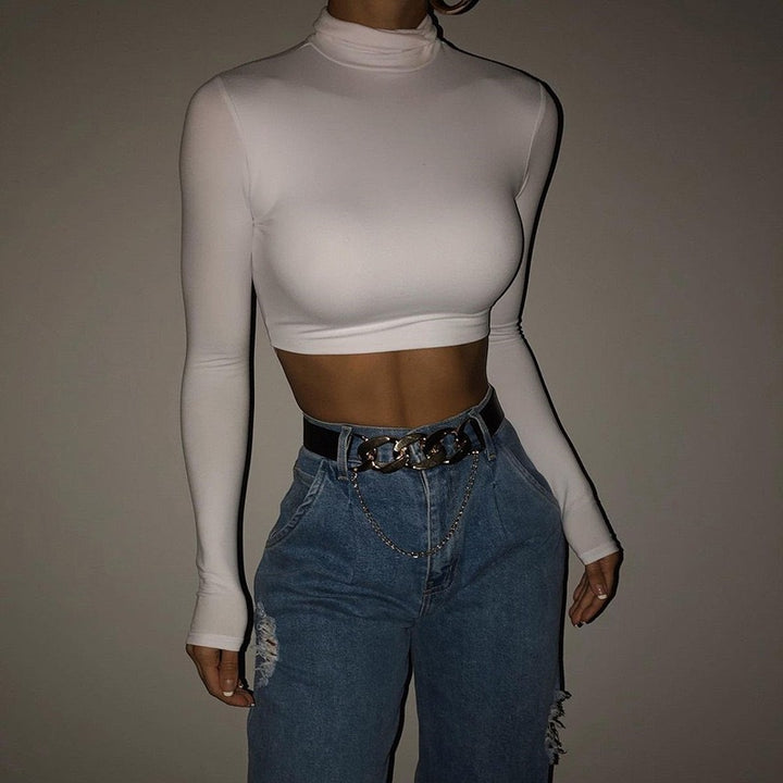 Damen Hochwertiges langärmliges Crop-Top mit Stehkragen Drune