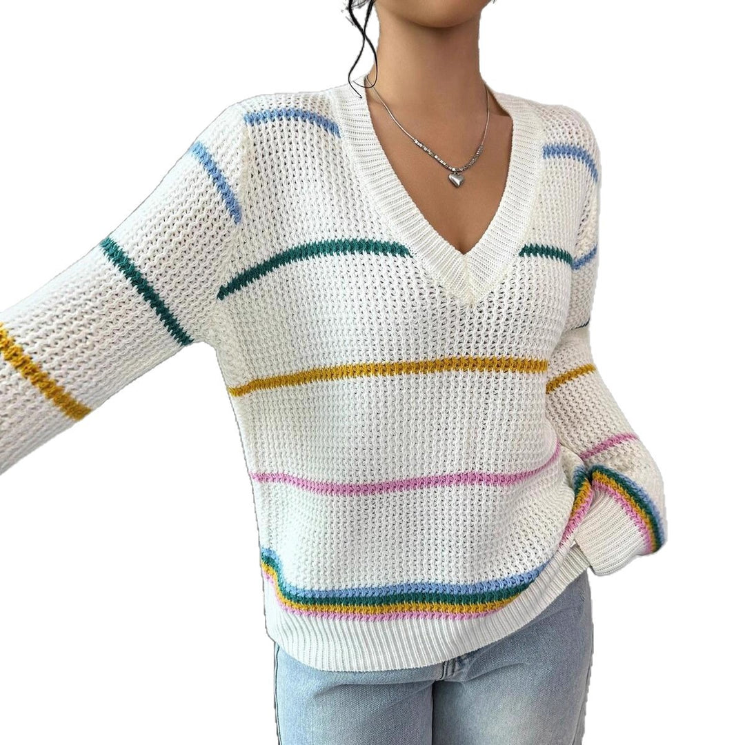 Damen lässiger Strickpullover mit V-Ausschnitt und buntem Streifenmuster Drune