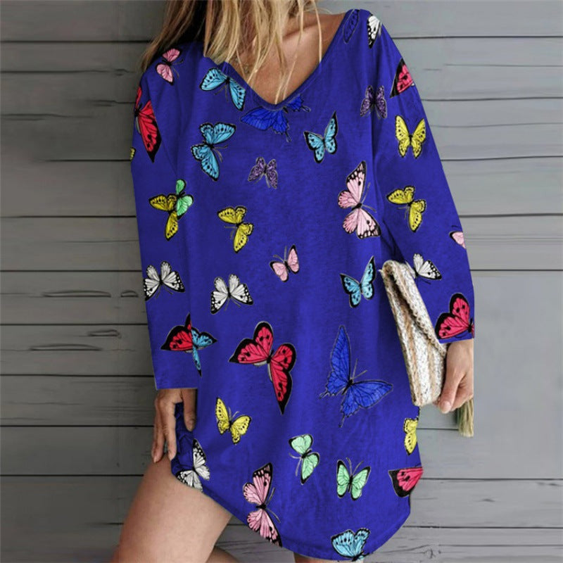 Damen lässiges Strandkleid mit buntem Schmetterlingsmuster und weiten Ärmeln Drune