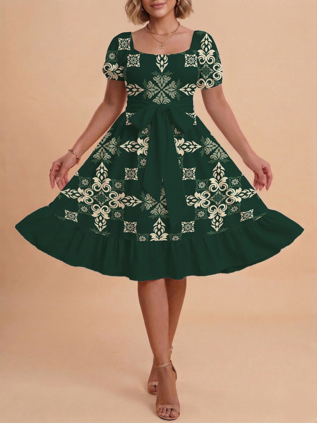 Damen Retro Maxikleid mit Puffärmeln und Taillengürtel Drune