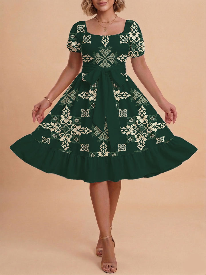 Damen Retro Maxikleid mit Puffärmeln und Taillengürtel Drune