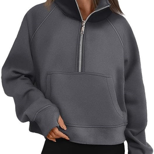 Damen nan cropped Halbzip-Sweatshirt mit hohem Stehkragen, Kängurutasche und überschnittener Schulter Drune