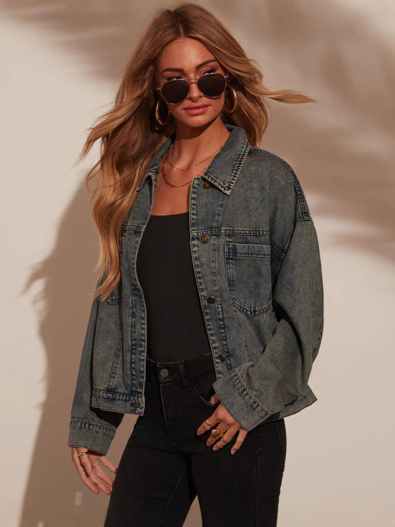 Damen Oversized Denim-Jacke im lässigen Schnitt mit praktischen Taschen Drune