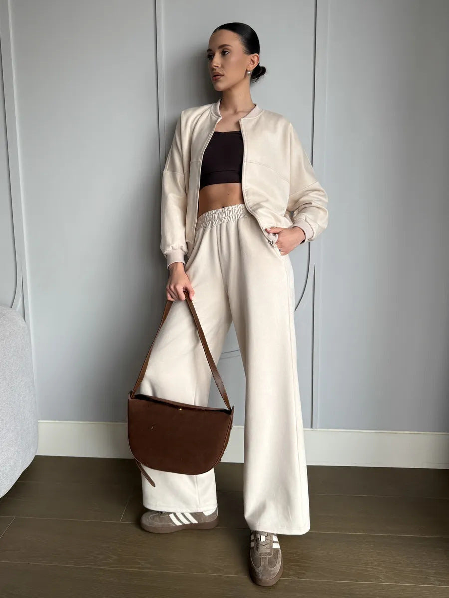 Damen nan zweiteiliges Velours-Loungewear-Set mit kurzem Zip-Hoodie und weiter Highwaist-Hose Drune