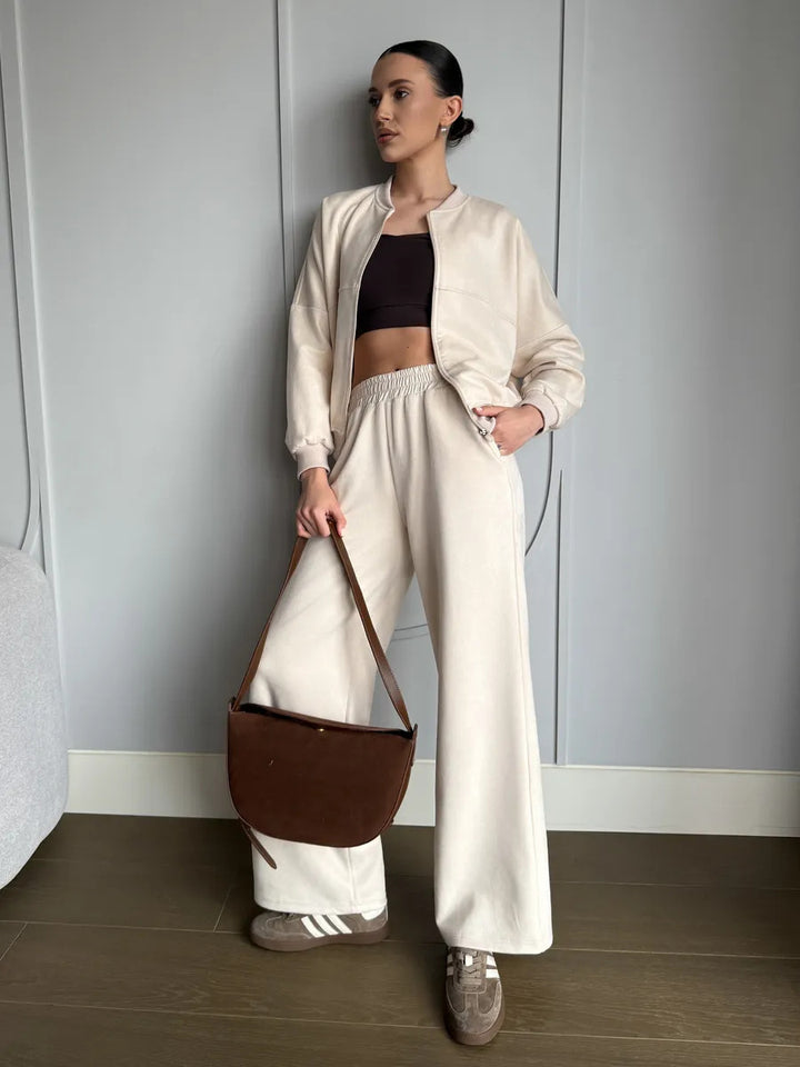 Damen nan zweiteiliges Velours-Loungewear-Set mit kurzem Zip-Hoodie und weiter Highwaist-Hose Drune