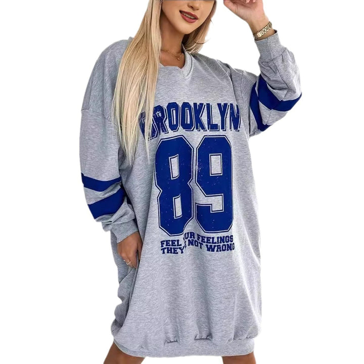 Damen Oversized Kleid mit sportlichem Grafikdruck und tiefem V-Ausschnitt Drune