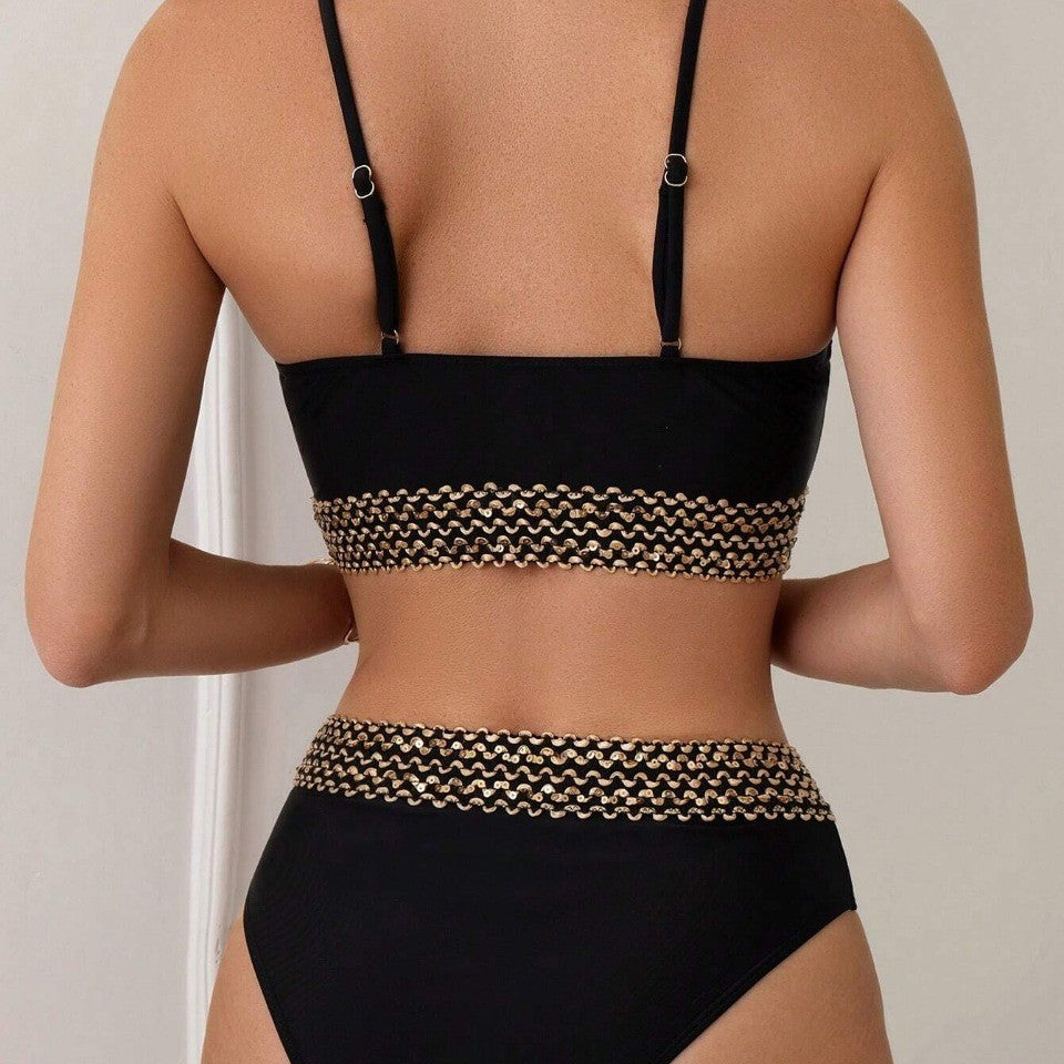 Damen Hochgeschnittener Bikini mit eleganter Kettenverzierung Drune