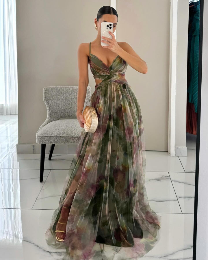 Damen Maxikleid mit kunstvollem Wickeldesign und transparentem Rock Drune