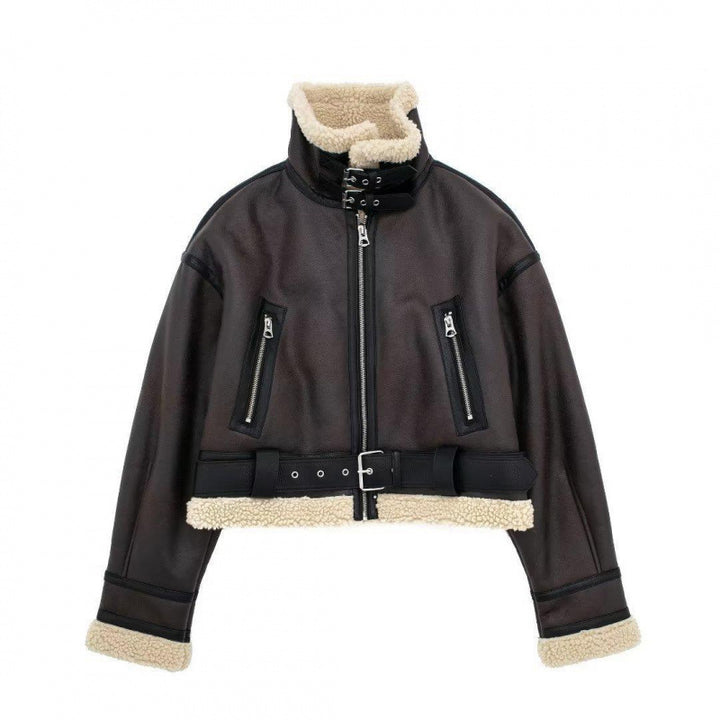 Damen modische Lederjacke mit Innenfutter und Gürtel Drune