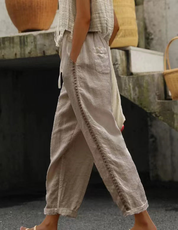 Damen Leinenhose mit seitlichen Spitzenakzenten und lässigem Schnitt Drune