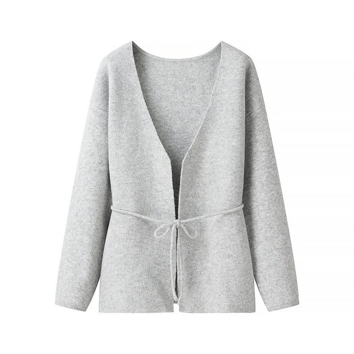 Damen lockere Strickjacke mit Taillenschnürung und weitem V-Ausschnitt Drune