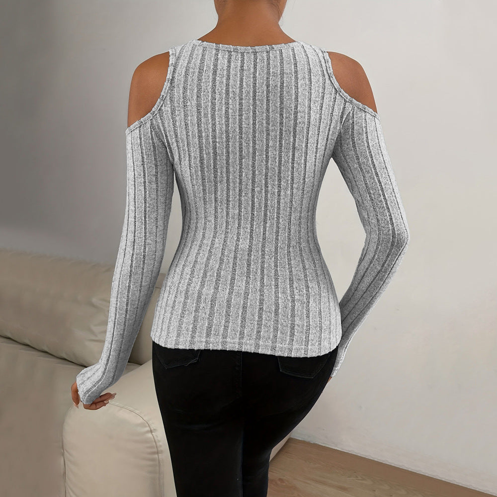 Damen Langarm-Top mit strukturiertem V-Ausschnitt und Cut-Out-Details Drune