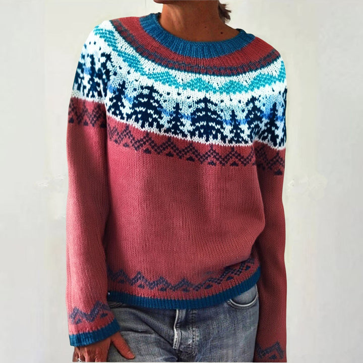 Damen nan melierter Rundhalsausschnittpullover mit kreisförmigem Jacquard-Yoke und geripptem Saum Drune